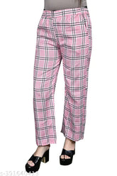 Baby Pink checked cotton trousers pack of 1 - Latest feminine women's trouser, custom-made for the future of clothing, IFFI FASHION, India